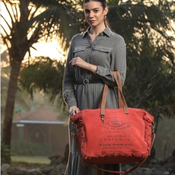 Myra Bag Handbags - Myra Bag Carmine Upcycled Canvas & Leather Weekender Bag